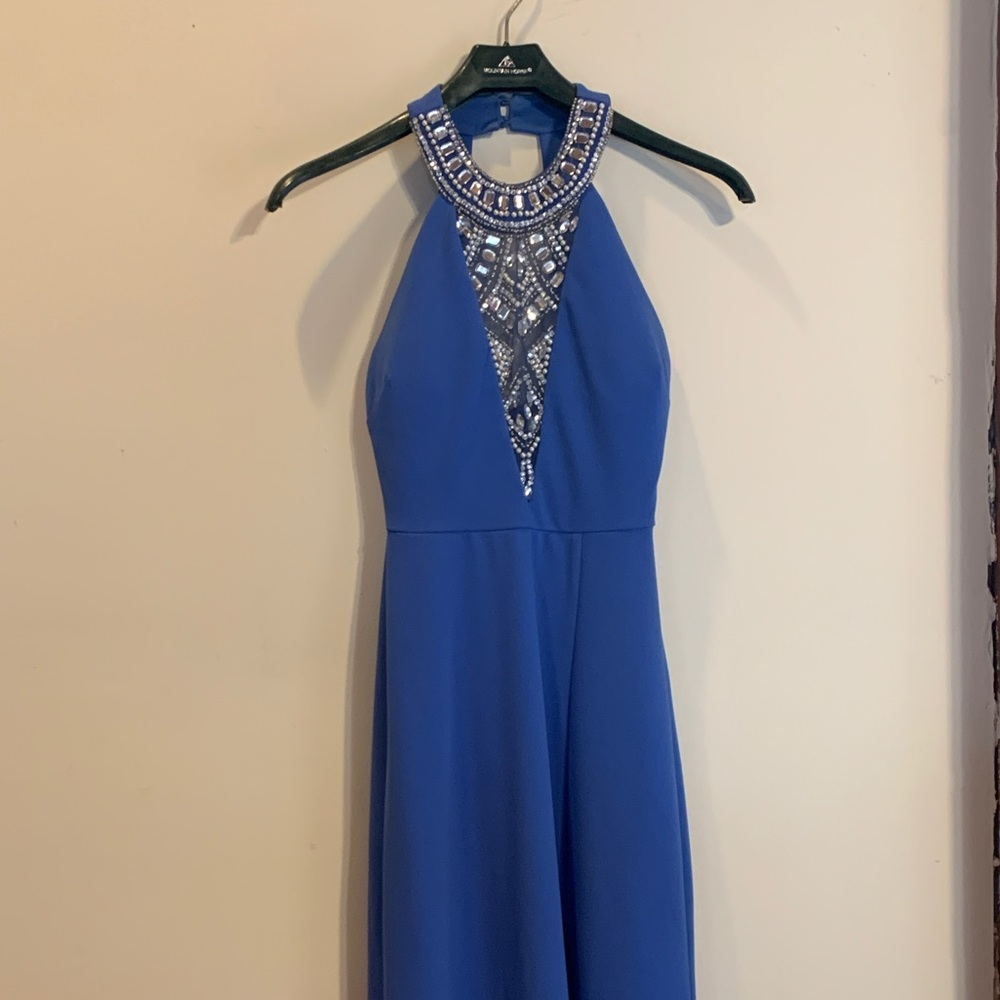 Light blue beaded high neck prom dress